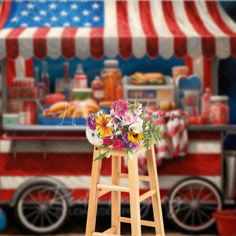 Lofaris Patriotic American Flag Food Cart Photography Backdrop Festive Fourth of July Summer Party Decor