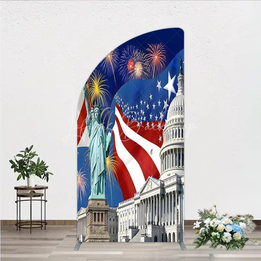 Lofaris Patriotic American Flag Half Moon Arch Backdrop with Statue of Liberty and Capitol Building Festive Celebration Decor