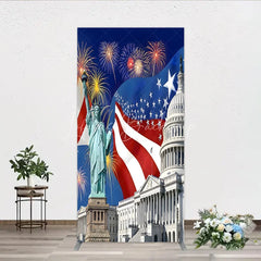Lofaris Patriotic American Flag Rectangle Arch Backdrop featuring the Statue of Liberty and Capitol Building