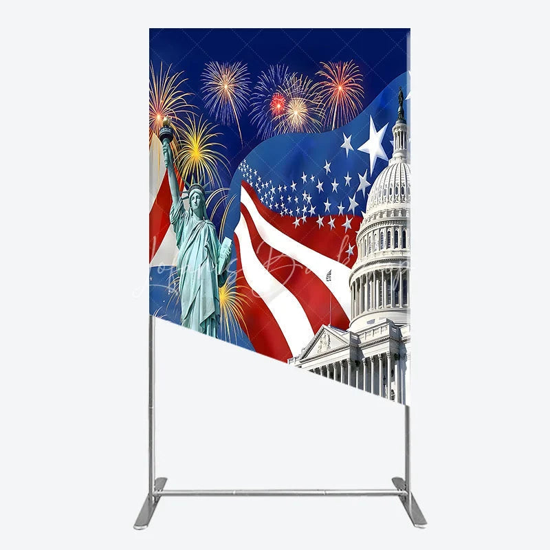 Lofaris Patriotic American Flag Rectangle Arch Backdrop featuring the Statue of Liberty and Capitol Building