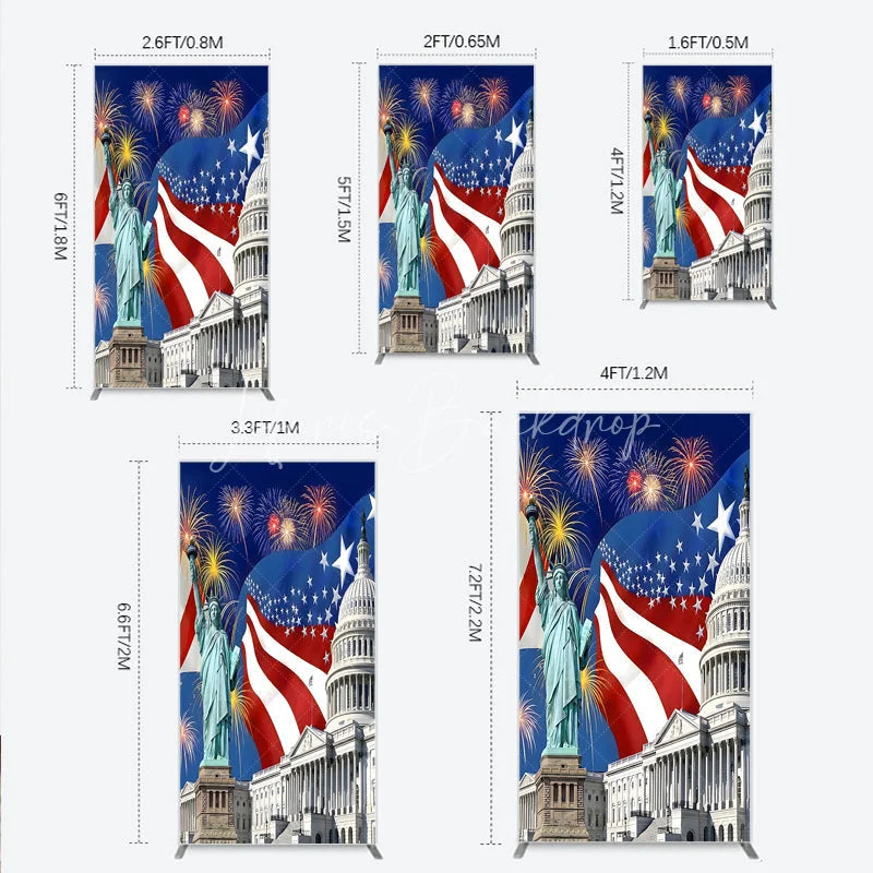 Lofaris Patriotic American Flag Rectangle Arch Backdrop featuring the Statue of Liberty and Capitol Building