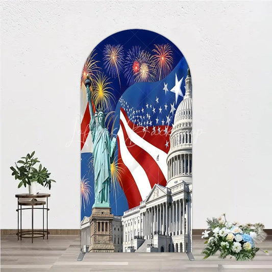 Lofaris Patriotic American Flag Round Top Arch Backdrop with Statue of Liberty and Capitol Sparkling Light Bursts Celebration