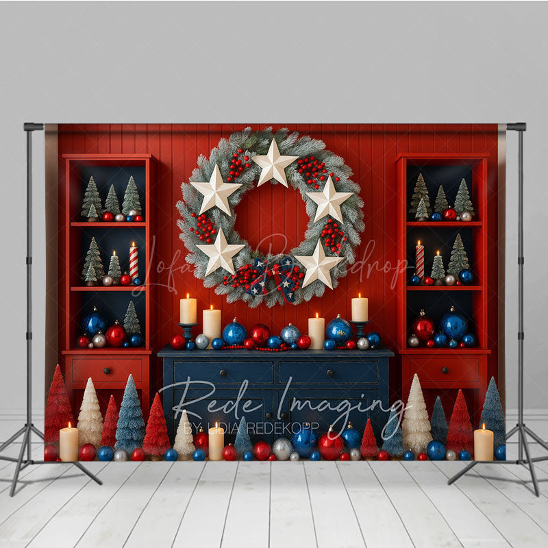 Lofaris Patriotic Christmas Photography Backdrop Red White and Blue Stars Stripes American Holiday Party Decor