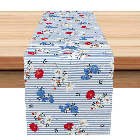 Lofaris Patriotic Floral Table Runner with Red White and Blue Stripes for 4th of July Summer BBQ Party