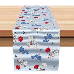 Lofaris Patriotic Floral Table Runner with Red White and Blue Stripes for 4th of July Summer BBQ Party