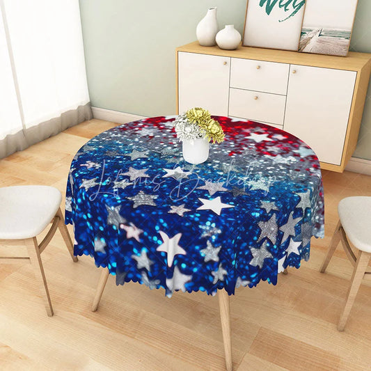 Lofaris Patriotic Red White and Blue Glitter Stars Round Tablecloth for 4th of July Memorial Day Party