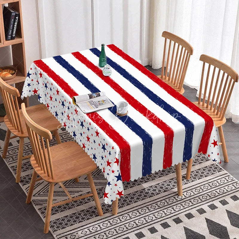 Lofaris Patriotic Red White and Blue Striped Star Rectangle Tablecloth for 4th of July Independence Day Party Decor