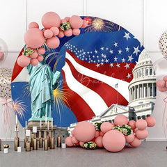 Lofaris Patriotic Statue of Liberty and US Capitol Round Backdrop American Flag Fireworks for Independence Day Celebration
