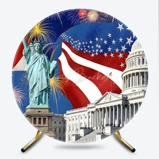 Lofaris Patriotic Statue of Liberty and US Capitol Round Backdrop American Flag Fireworks for Independence Day Celebration