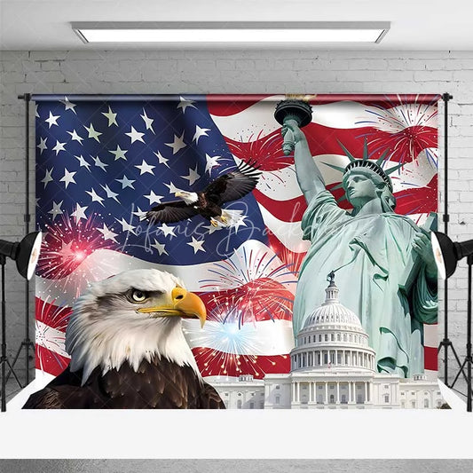Lofaris Patriotic USA Independence Day Backdrop Statue of Liberty and Bald Eagle Background American Landmarks Decor