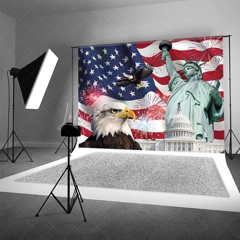 Lofaris Patriotic USA Independence Day Backdrop Statue of Liberty and Bald Eagle Background American Landmarks Decor