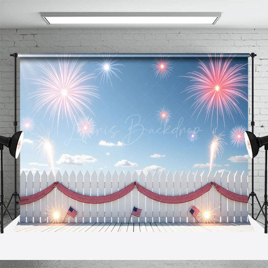 Lofaris Patriotic White Fence Happy Independence Day Backdrop