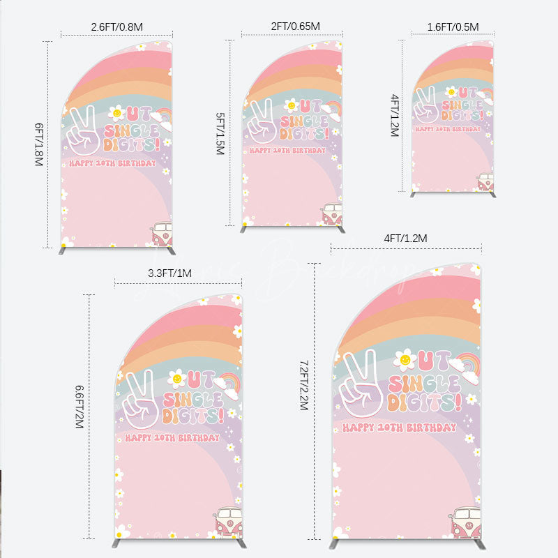 Lofaris Peace Out Single Digits 10th Birthday Half Moon Arch Backdrop Groovy 70s Retro Theme VW Bus and Rainbow Party Decor