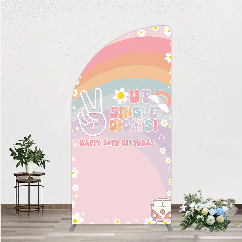 Lofaris Peace Out Single Digits 10th Birthday Half Moon Arch Backdrop Groovy 70s Retro Theme VW Bus and Rainbow Party Decor