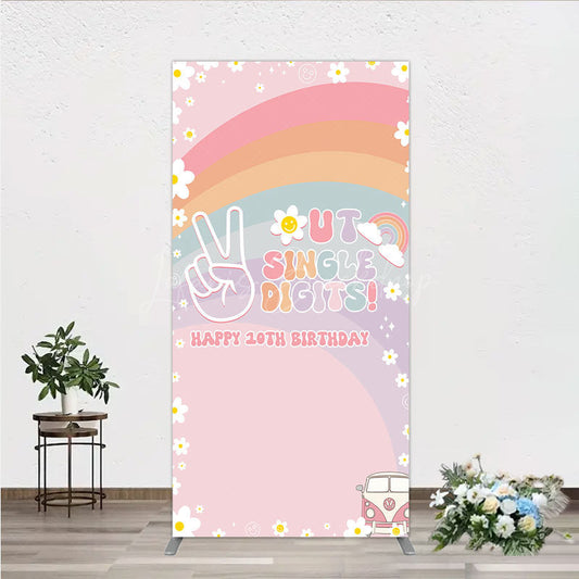 Lofaris Peace Out Single Digits 10th Birthday Rectangle Backdrop Groovy 70s Retro Theme VW Bus and Rainbow Party Decor