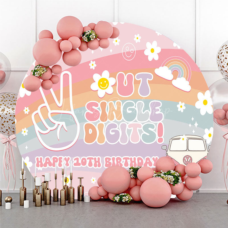 Lofaris Peace Out Single Digits 10th Birthday Round Backdrop Groovy 70s Retro Theme VW Bus and Rainbow Party Decor