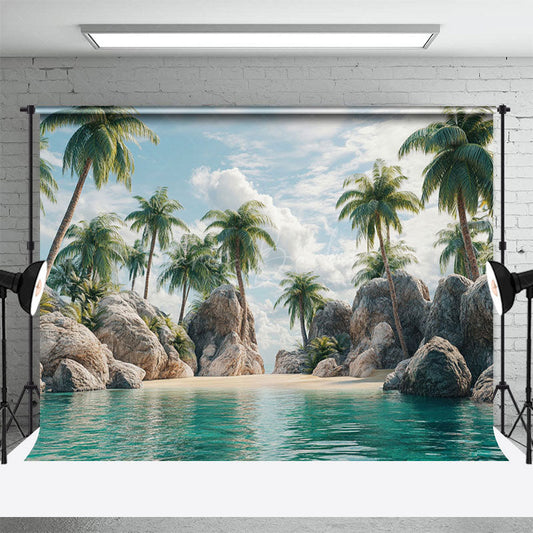 Lofaris Peaceful Island Scene Palms Rock Formation Backdrop
