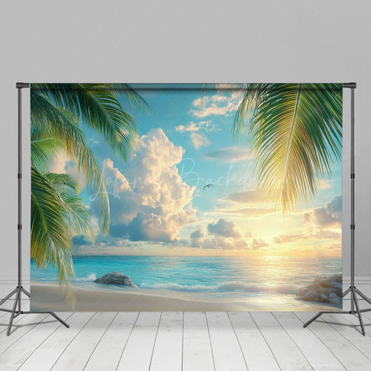 Lofaris Peaceful Seaside Scene Palms Birds Flying Backdrop
