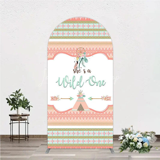 Lofaris Peach and Mint Boho Tribal She’s a Wild One Round Top Arch Backdrop Dreamcatcher Teepee Birthday Party Decor