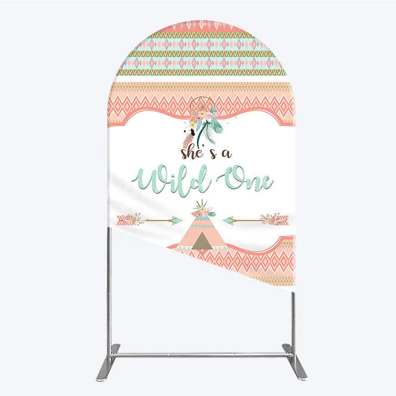 Lofaris Peach and Mint Boho Tribal She’s a Wild One Round Top Arch Backdrop Dreamcatcher Teepee Birthday Party Decor