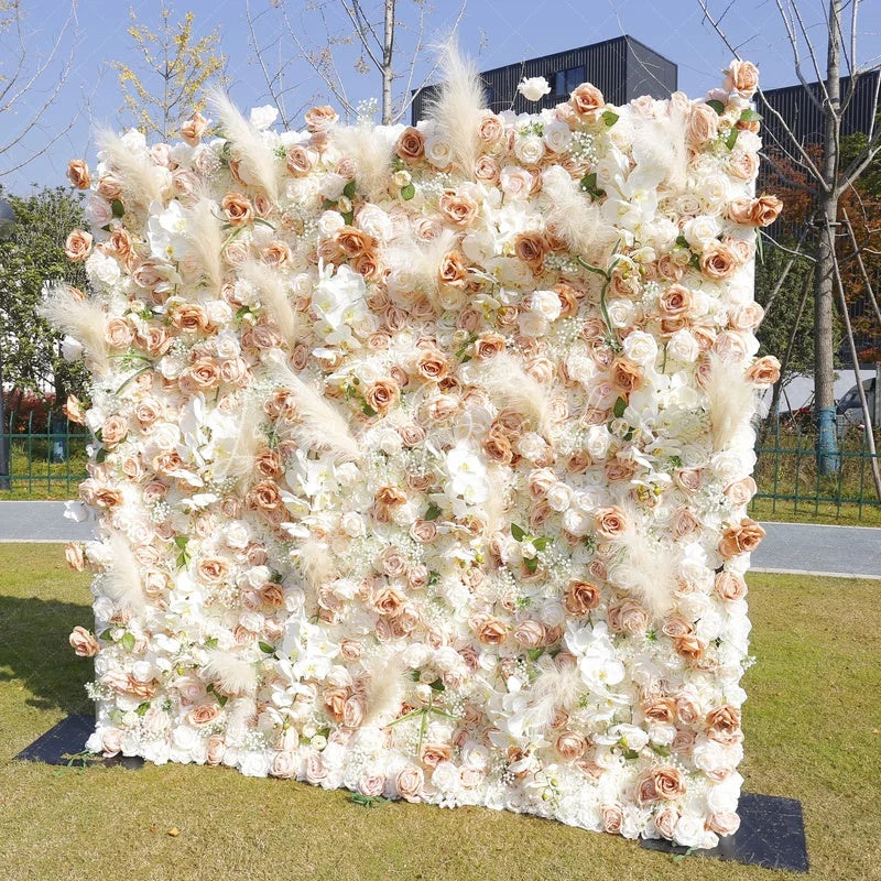 Lofaris Peach and White Roses Artificial Flower Wall with Pampas Grass Elegant Wedding Party Decor