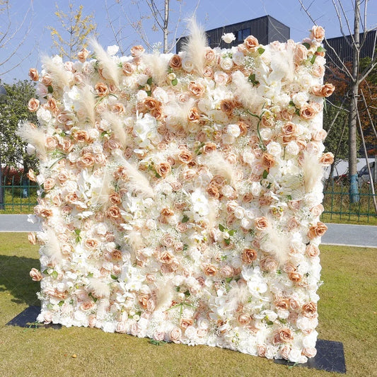 Lofaris Peach and White Roses Artificial Flower Wall with Pampas Grass Elegant Wedding Party Decor