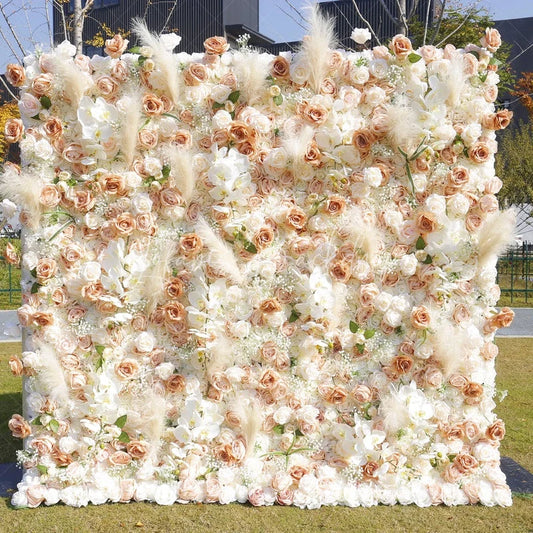 Lofaris Peach and White Roses Artificial Flower Wall with Pampas Grass Elegant Wedding Party Decor