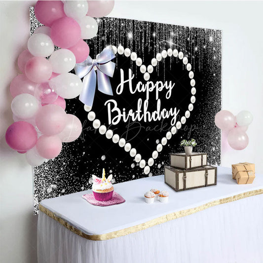 Lofaris Pearl Love Cute Bow Black Happy Birthday Backdrop