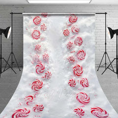 Lofaris Peppermint Candy Path Sweep Backdrop Red White Swirls Snowy Ground Top View Floor Photo Background