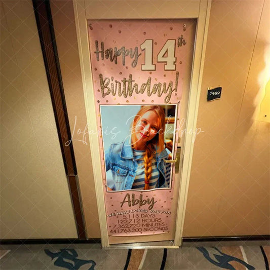 Lofaris Personalized 14th Birthday Door Cover Pink and Gold Photo Custom Name Banner