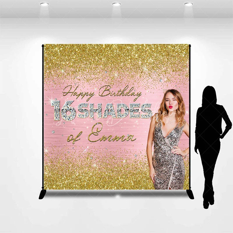 Lofaris Personalized 16 Shades 16th Birthday Backdrop Custom Name Gold Glitter and Pink Glam Party Banner