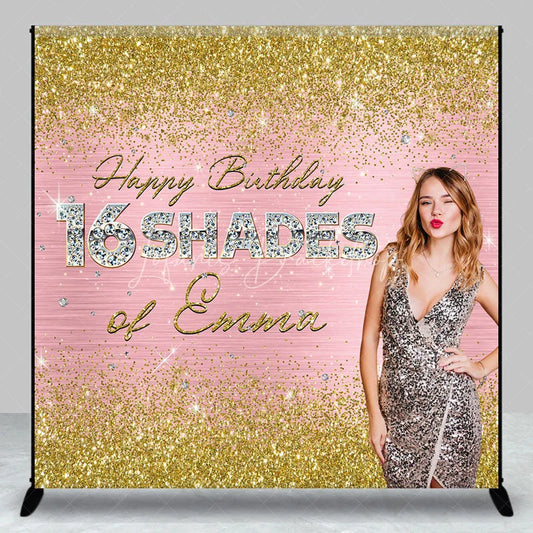 Lofaris Personalized 16 Shades 16th Birthday Backdrop Custom Name Gold Glitter and Pink Glam Party Banner