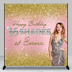Lofaris Personalized 16 Shades 16th Birthday Backdrop Custom Name Gold Glitter and Pink Glam Party Banner