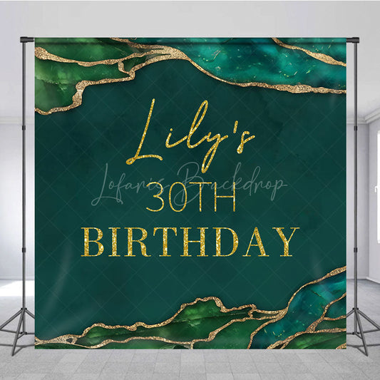 Lofaris Personalized 30th Birthday Backdrop in Emerald Green and Gold Elegant Agate Marble Custom Name Party Decor