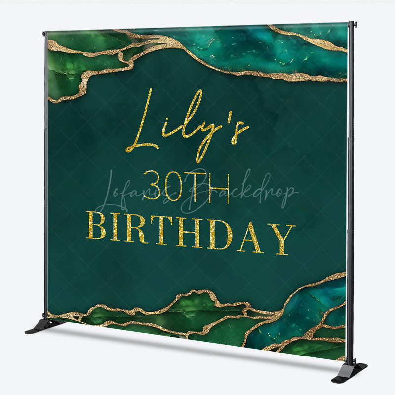 Lofaris Personalized 30th Birthday Backdrop in Emerald Green and Gold Elegant Agate Marble Custom Name Party Decor