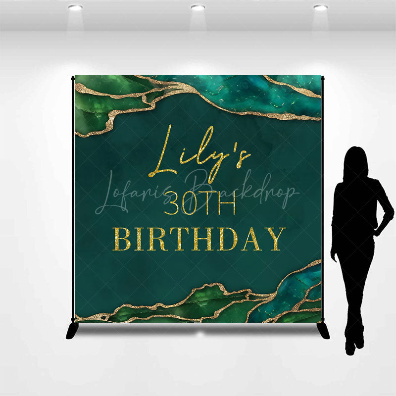 Lofaris Personalized 30th Birthday Backdrop in Emerald Green and Gold Elegant Agate Marble Custom Name Party Decor