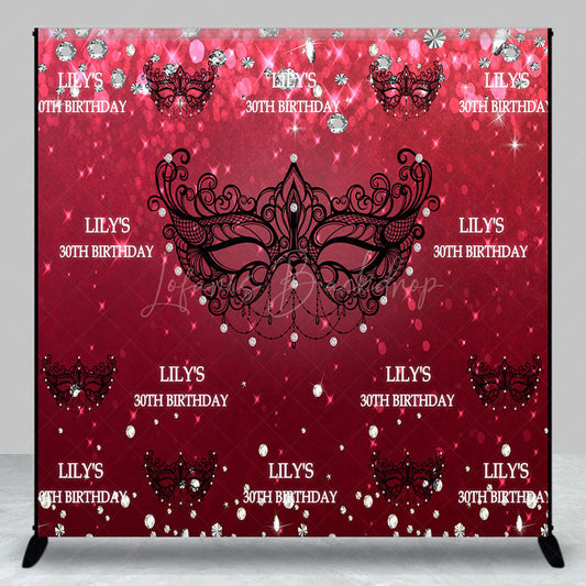 Lofaris Personalized 30th Birthday Masquerade Backdrop Red and Black Venetian Mask Custom Name Glitter Party Decor