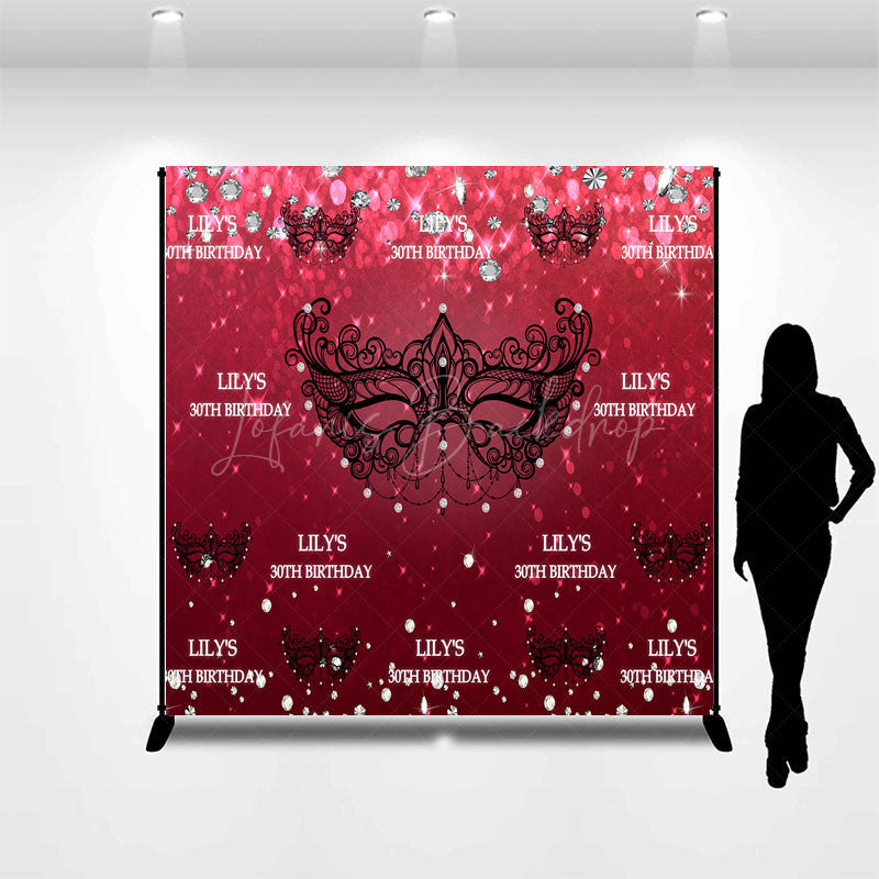 Lofaris Personalized 30th Birthday Masquerade Backdrop Red and Black Venetian Mask Custom Name Glitter Party Decor