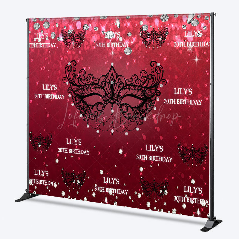 Lofaris Personalized 30th Birthday Masquerade Backdrop Red and Black Venetian Mask Custom Name Glitter Party Decor