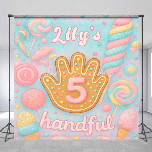 Lofaris Personalized 5 Handful Candy Birthday Backdrop Custom Name Pastel Lollipop Party Banner