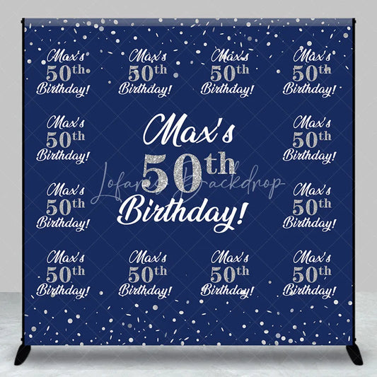 Lofaris Personalized 50th Birthday Step and Repeat Backdrop Custom Name Navy Blue Silver Party Banner