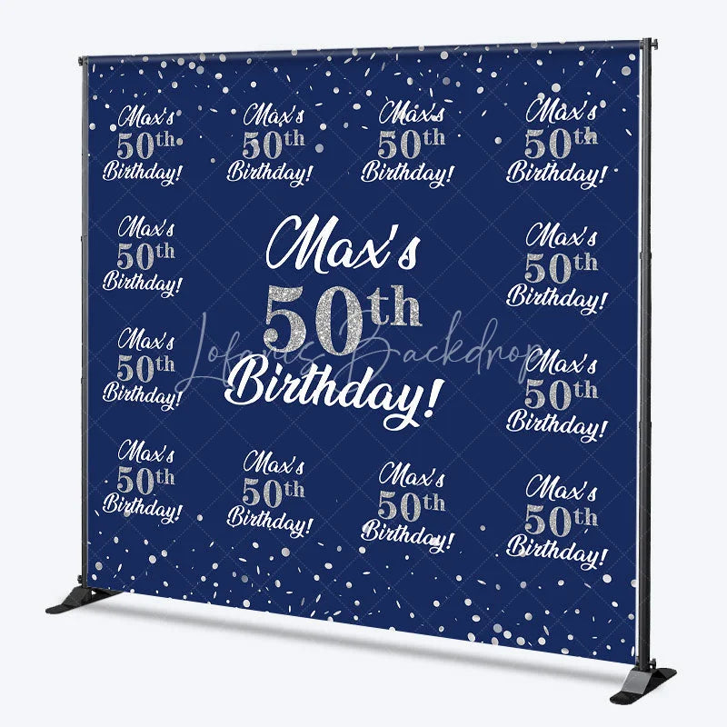 Lofaris Personalized 50th Birthday Step and Repeat Backdrop Custom Name Navy Blue Silver Party Banner