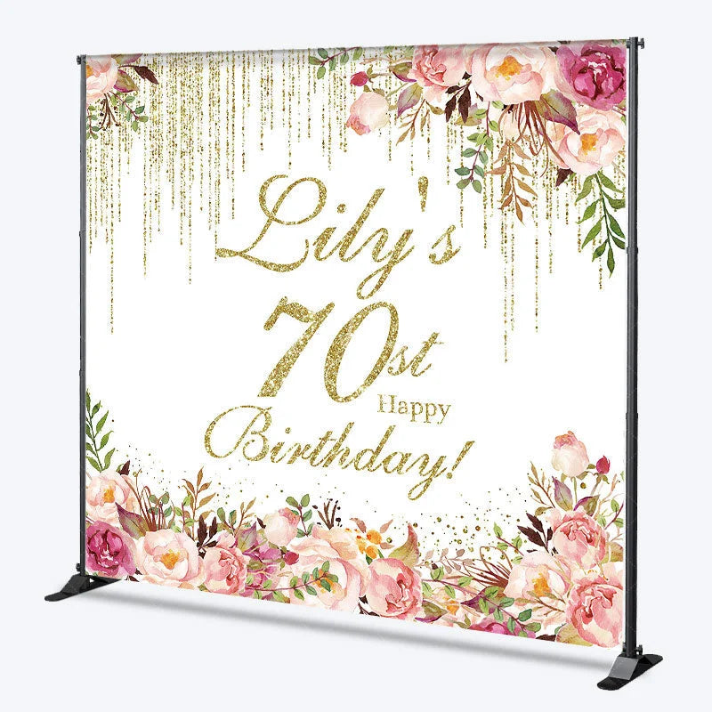 Lofaris Personalized 70th Birthday Custom Backdrop Gold Glitter Drips and Elegant Watercolor Floral Design for Party