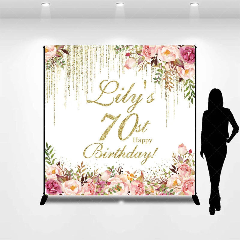 Lofaris Personalized 70th Birthday Custom Backdrop Gold Glitter Drips and Elegant Watercolor Floral Design for Party