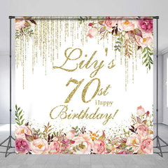 Lofaris Personalized 70th Birthday Custom Backdrop Gold Glitter Drips and Elegant Watercolor Floral Design for Party