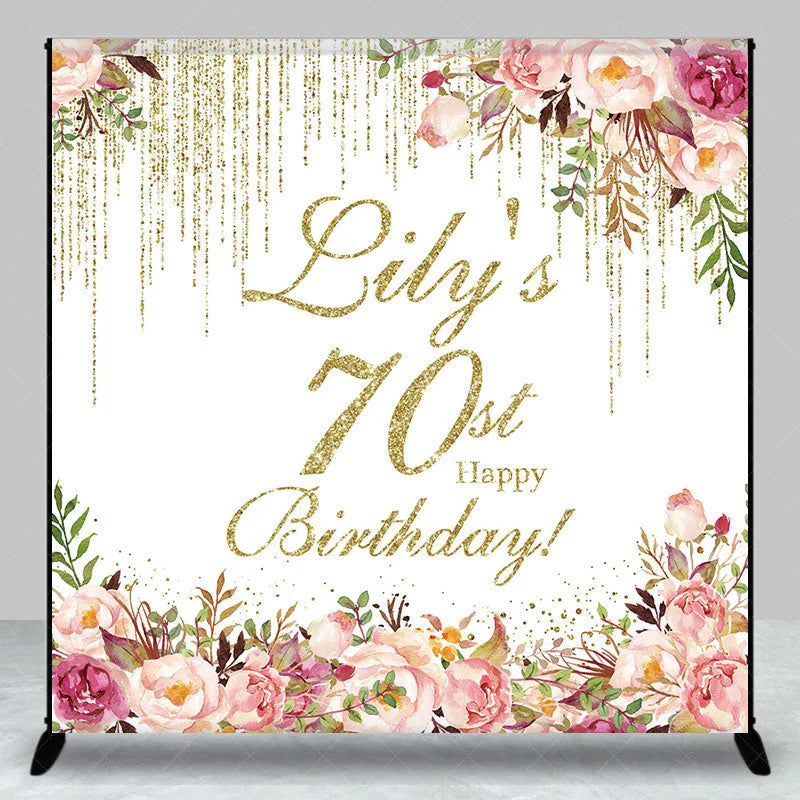 Lofaris Personalized 70th Birthday Custom Backdrop Gold Glitter Drips and Elegant Watercolor Floral Design for Party