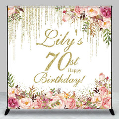 Lofaris Personalized 70th Birthday Custom Backdrop Gold Glitter Drips and Elegant Watercolor Floral Design for Party
