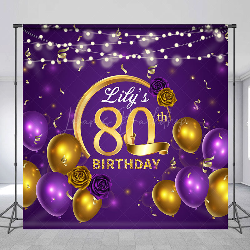 Lofaris Personalized 80th Birthday Backdrop for Her Purple and Gold Balloons Custom Name Elegant Party Photo Booth