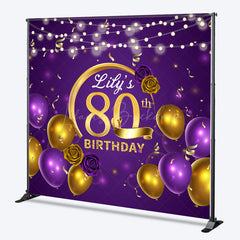Lofaris Personalized 80th Birthday Backdrop for Her Purple and Gold Balloons Custom Name Elegant Party Photo Booth