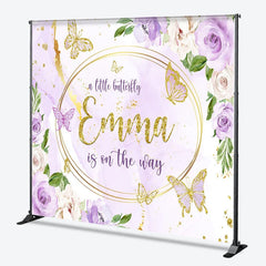 Lofaris Personalized A Little Butterfly is on the Way Backdrop Purple Floral with Gold Custom Name Girl Baby Shower